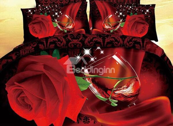 Shining Red Rose Red Wine Print 4-Piece Cotton Duvet Cover Sets
