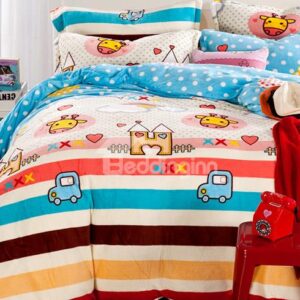Rainbow Color Stripes Pattern Flannel Kids 4-Piece Duvet Cover Set