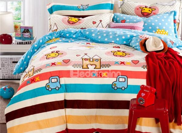 Rainbow Color Stripes Pattern Flannel Kids 4-Piece Duvet Cover Set