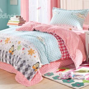 Beautiful Butterflies and Plaid Pattern Kids Pure Cotton Duvet Cover Set