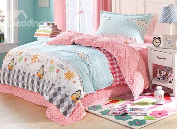 Beautiful Butterflies and Plaid Pattern Kids Pure Cotton Duvet Cover Set