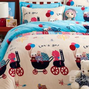 Lovely Bear in Stroller Pattern Flannel Kids Duvet Cover Set