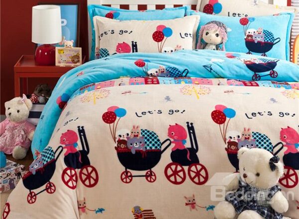 Lovely Bear in Stroller Pattern Flannel Kids Duvet Cover Set