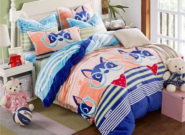 Super Cute Dog Wearing Glasses Pattern Flannel Kids Duvet Cover Set