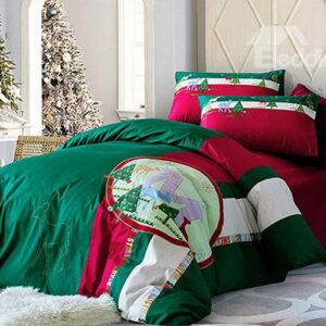 Christmas Reindeer & Tree Print Green Cotton 4-Piece Duvet Cover Sets