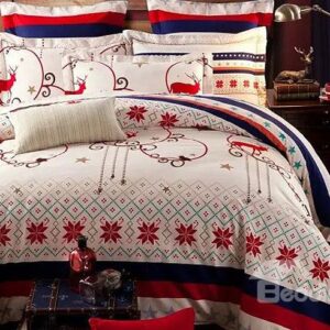 Gorgeous Christmas Elk Snowflake Print Cotton 4-Piece Duvet Cover Sets