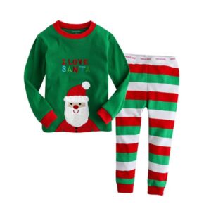 Stripes Pattern I Love Santa Embroidered Kids Christmas Pajamas