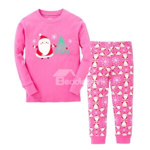 Pink Santa and Christmas Tree Print Kids Pajamas