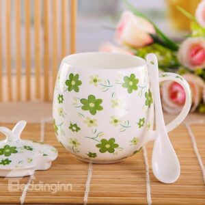 Cartoon Green Floral Ceramic Coffee Mug with Lid