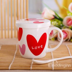 Romantic Love Heart-Shaped Pattern Ceramic Coffee Mug with Lid