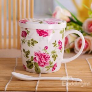 Romantic Pink Roses Floral Pattern Ceramic Coffee Mug with Lid