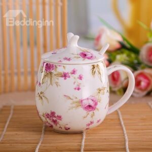 Wonderful Floral Pattern Ceramic Pot-Belly Coffee Mug with Lid