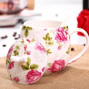 Gorgeous Roses Floral Pattern Pot-Belly Ceramic Coffee Mug with Lid