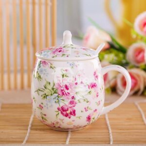 Wonderful Pink Flowers and Green Leaves Pot-Belly Ceramic Coffee Mug with Lid