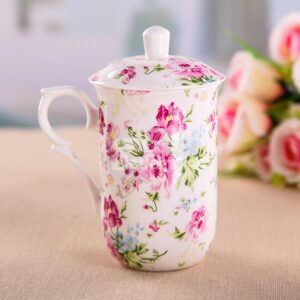 Modern Flower Pattern Large Volumn Home and Office Ceramic Coffee Cup with Lid