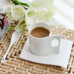 Unique 3D Folding Style Handle Ceramic Coffee Cup with Saucer