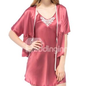 Elegant Flower Embroidered Bust Silk Robe and Chemise Set