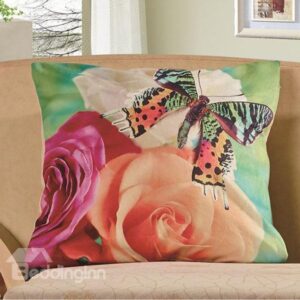 Butterfly Flying around Flowers Print Plush Throw Pillow