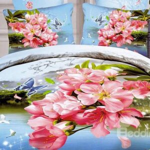 Butterfly Flying around Pink Flowers Print 4-Piece Cotton Duvet Cover Sets