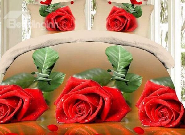 Red Rose Print with Brown Background Polyester 4-Piece Duvet Cover Sets