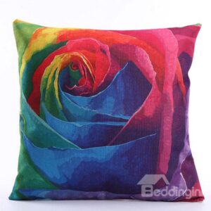 Fancy 3D Colorful Flower Print Linen Throw Pillow Case