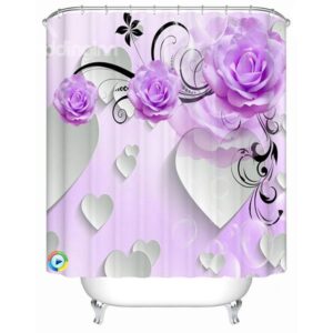 Fashion Purple Peony and White Heart-shaped Pattern 3D Shower Curtain