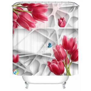 Creative Design Gridding and Red Rose 3D Shower Curtain