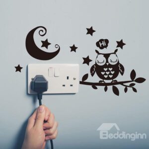 Cute Cartoon Owl on a Branch and The Moon 2-Piece Light Switch Sticker