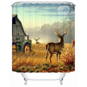 Peaceful Countryside View Deer and Grange 3D Shower Curtain