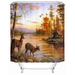 Peaceful Warm Natual Landscape Lovely Deer 3D Shower Curtain