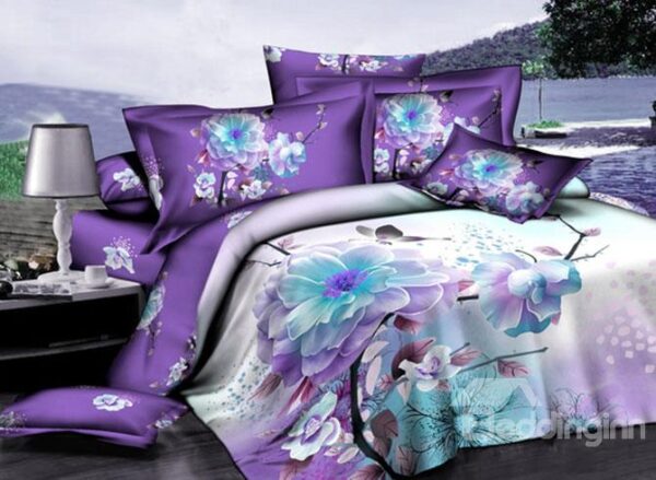 Purple Background With White Flowers Print Fitted Sheet