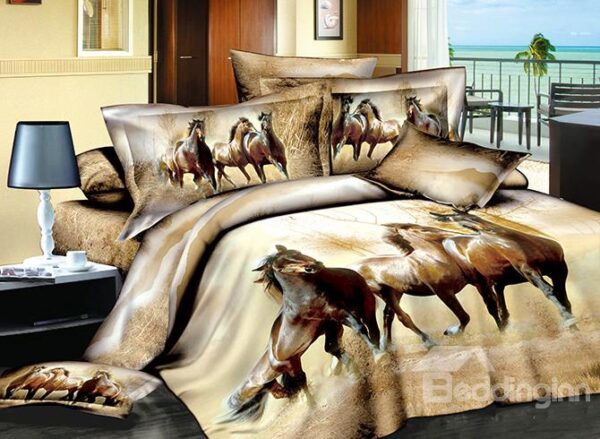 Three Running Horses Print Cotton Fitted Sheet