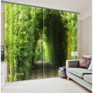 3D Green Bamboo Light Blocking Two Panels Curtain