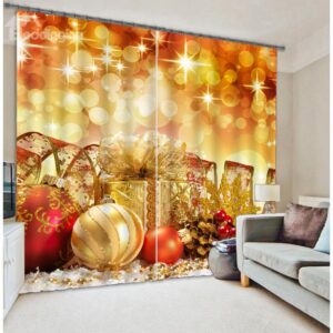 3D Golden Festival Ornaments Two Panels Polyester Curtain