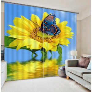 3D Big Sunflower Pretty Butterfly Polyester Curtain
