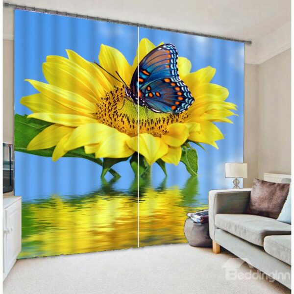 3D Big Sunflower Pretty Butterfly Polyester Curtain