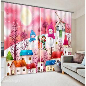 3D Cartoon House and Snowmen Two Panels Curtain