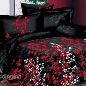 White and Red Flowers Design with Black Background 4-Piece Duvet Cover Sets