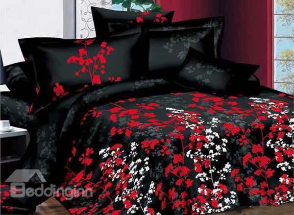 White and Red Flowers Design with Black Background 4-Piece Duvet Cover Sets