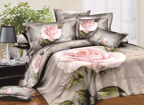 Pink Blooming Flower Print Luxury 4-Piece Duvet Cover Sets