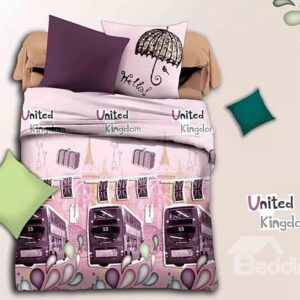 British Bus Print Pink 4-Piece Duvet Cover Sets
