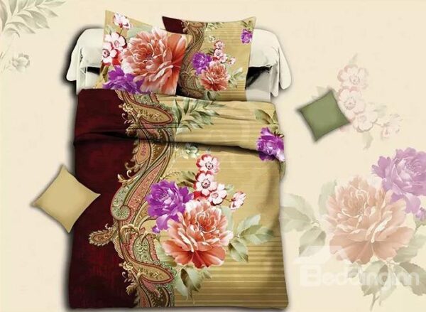 Peony Print Well-made Polyester 4-Piece Duvet Cover Sets