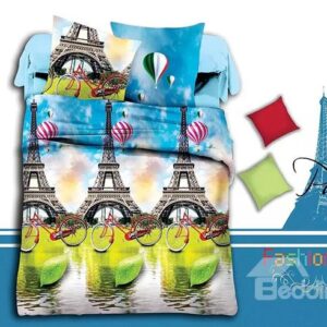 Eiffel Tower and Bicycle Print 4-Piece Polyester Duvet Cover Sets