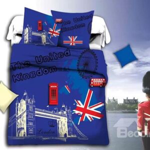 British Famous Landmark Print Blue 4-Piece Duvet Cover Sets