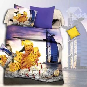 Bright Yellow Flower and Scenery Print 4-Piece Duvet Cover Sets