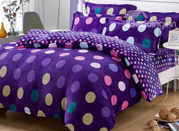 Warm Flanel Purple Polka Dots Pattern Kids Duvet Cover Set