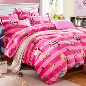 Pink Stripes and Giraffe Pattern Flannel Duvet Cover Set