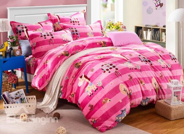 Pink Stripes and Giraffe Pattern Flannel Duvet Cover Set