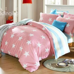 Pink Stars and Stripes Pattern Kids 3-Piece Duvet Cover Set