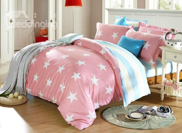 Pink Stars and Stripes Pattern Kids 3-Piece Duvet Cover Set